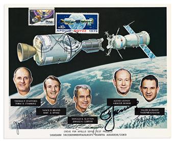 (ASTRONAUTS--APOLLO-SOYUZ.) Three items, each Signed by the entire prime crew, the cosmonauts in Cyrillic: Color Photograph * Commemora